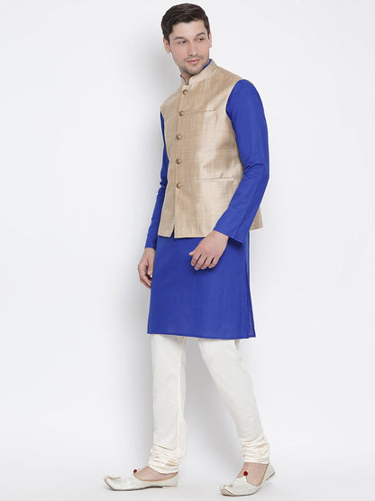 Men's Blue Cotton Blend Kurta, Ethnic Jacket and Pyjama Set