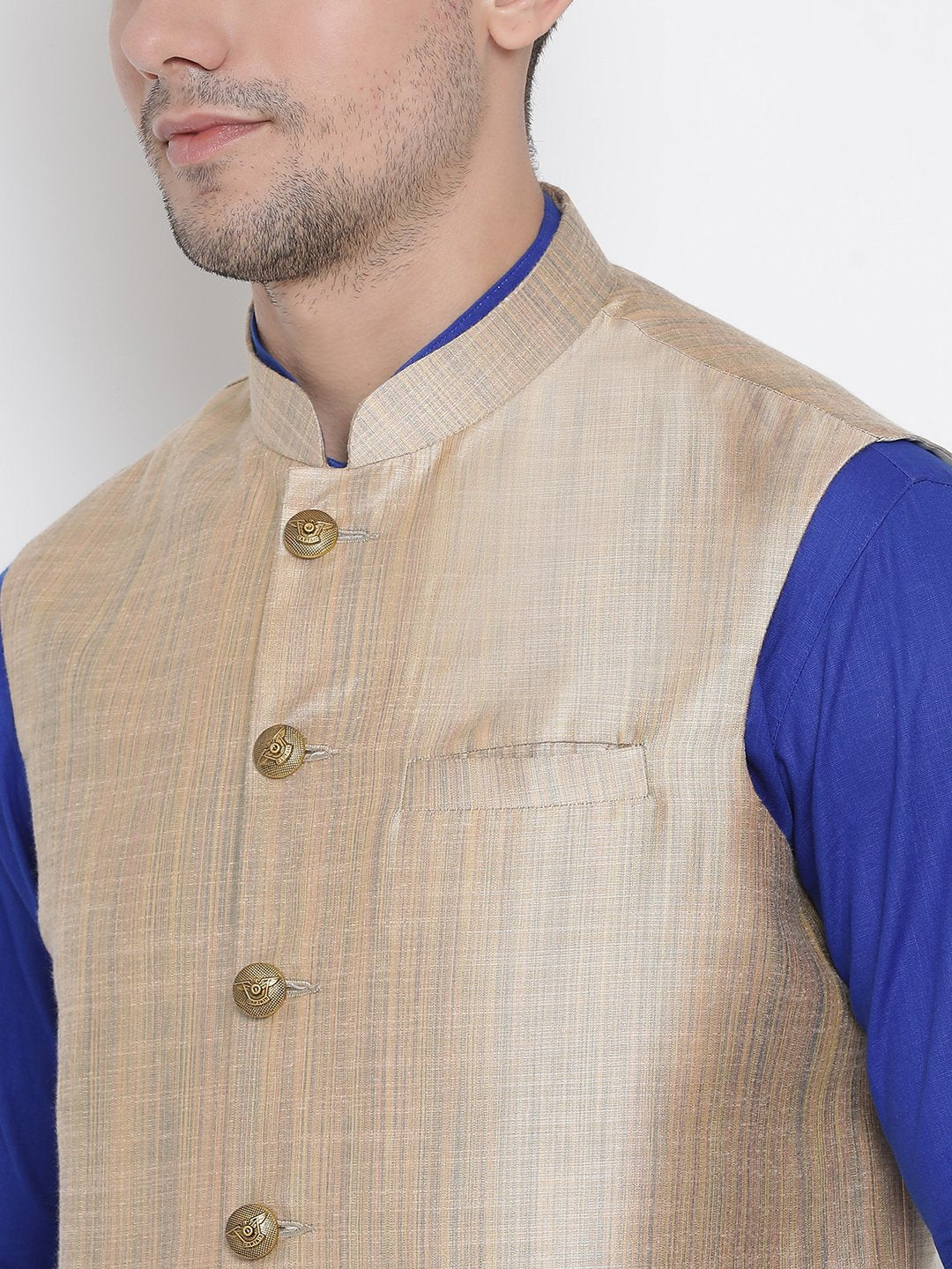 Men's Blue Cotton Blend Kurta, Ethnic Jacket and Pyjama Set