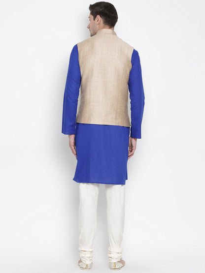 Men's Blue Cotton Blend Kurta, Ethnic Jacket and Pyjama Set