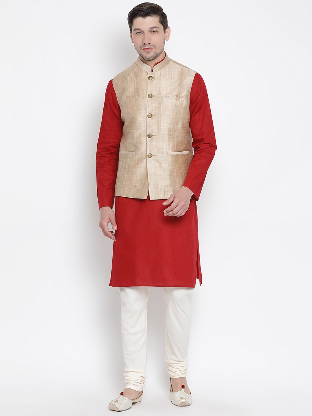 Men's Maroon Cotton Blend Kurta, Ethnic Jacket and Pyjama Set