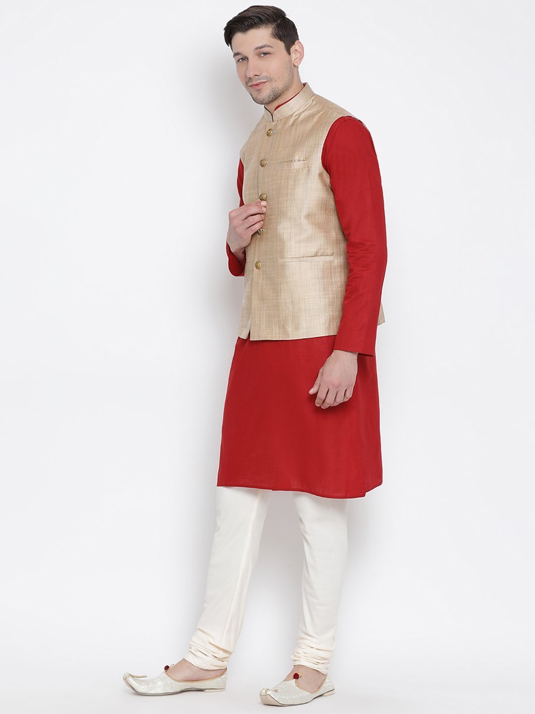 Men's Maroon Cotton Blend Kurta, Ethnic Jacket and Pyjama Set