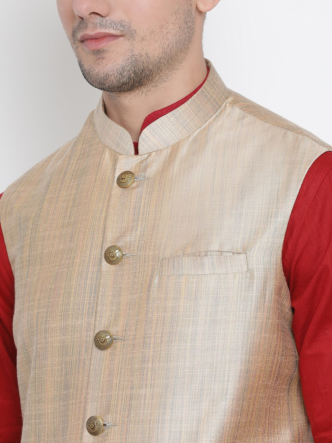 Men's Maroon Cotton Blend Kurta, Ethnic Jacket and Pyjama Set