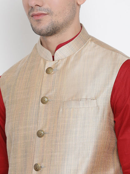 Men's Maroon Cotton Blend Kurta, Ethnic Jacket and Pyjama Set