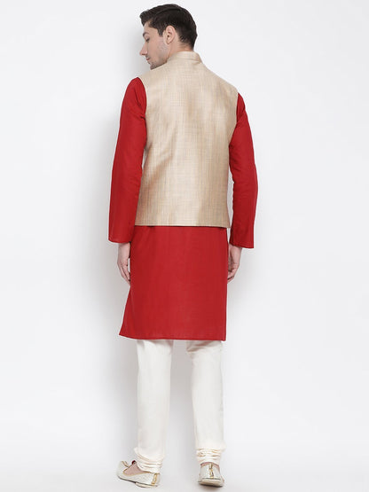 Men's Maroon Cotton Blend Kurta, Ethnic Jacket and Pyjama Set