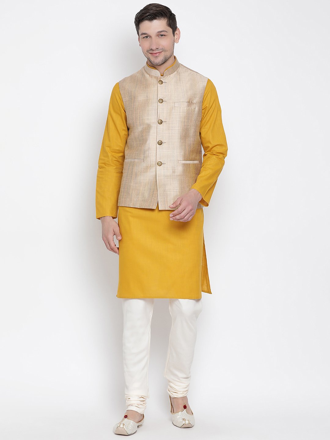 Men's Yellow Cotton Blend Kurta, Ethnic Jacket and Pyjama Set