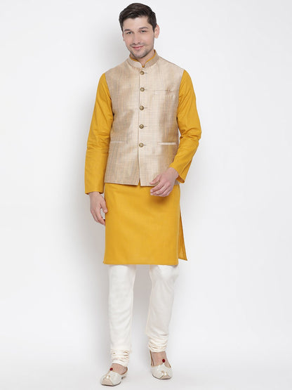 Men's Yellow Cotton Blend Kurta, Ethnic Jacket and Pyjama Set