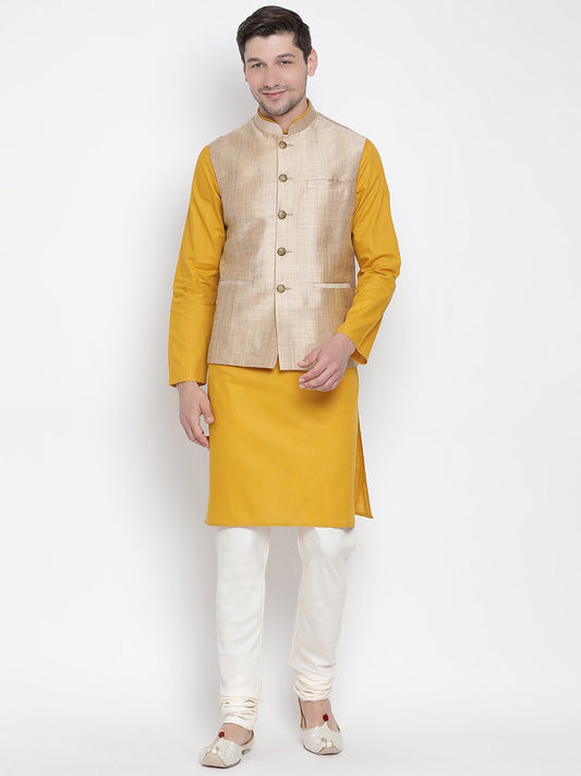 Men's Yellow Cotton Blend Kurta, Ethnic Jacket and Pyjama Set