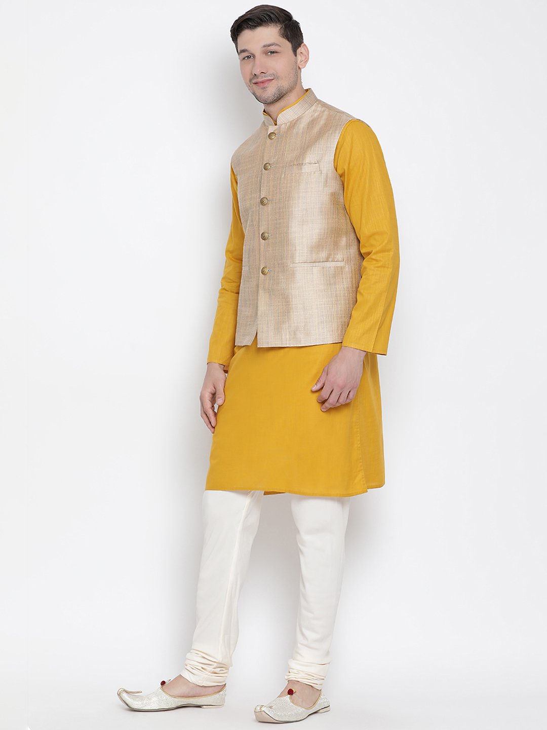 Men's Yellow Cotton Blend Kurta, Ethnic Jacket and Pyjama Set