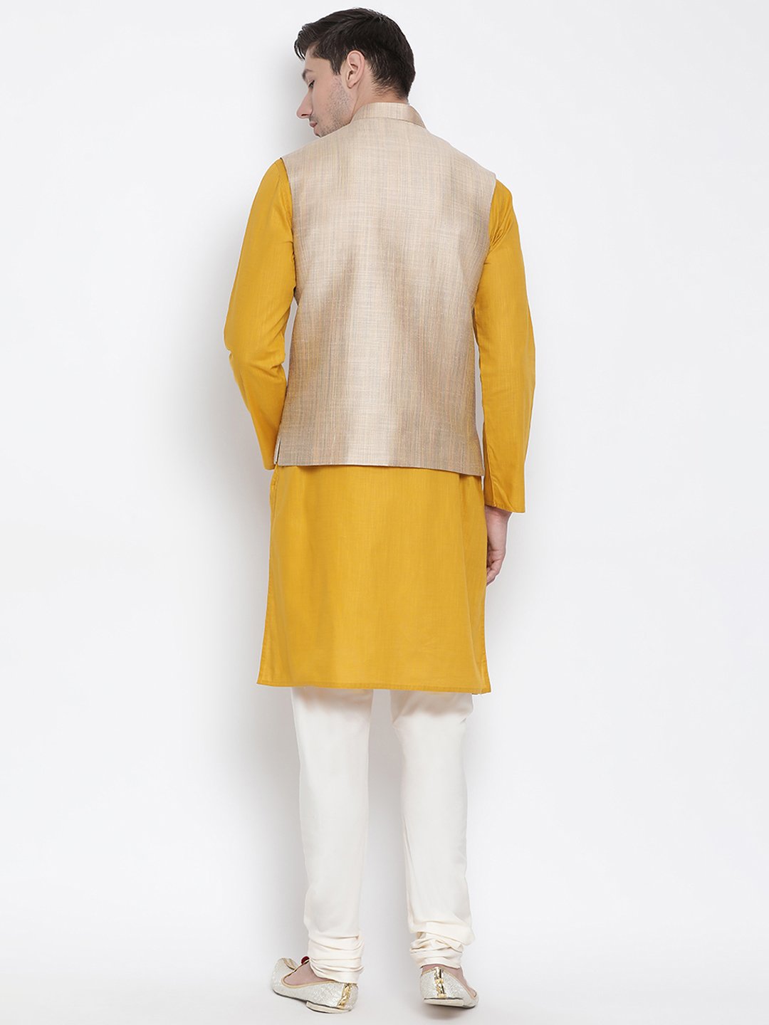 Men's Yellow Cotton Blend Kurta, Ethnic Jacket and Pyjama Set