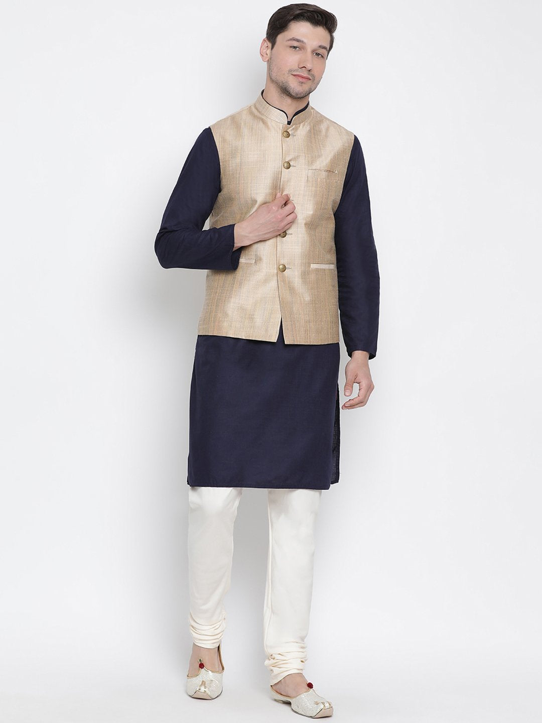 Men's Dark Blue Cotton Blend Kurta, Ethnic Jacket and Pyjama Set