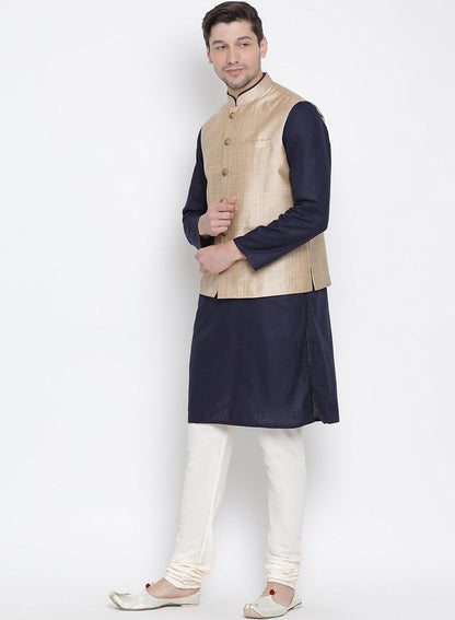 Men's Dark Blue Cotton Blend Kurta, Ethnic Jacket and Pyjama Set