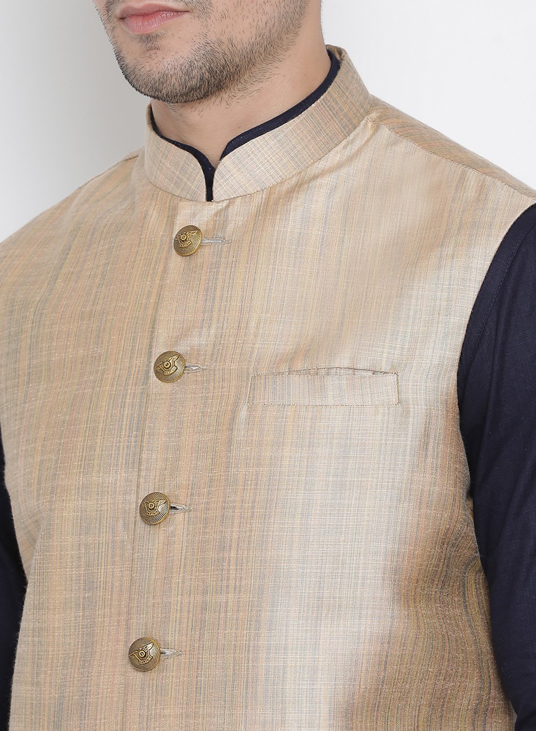 Men's Dark Blue Cotton Blend Kurta, Ethnic Jacket and Pyjama Set