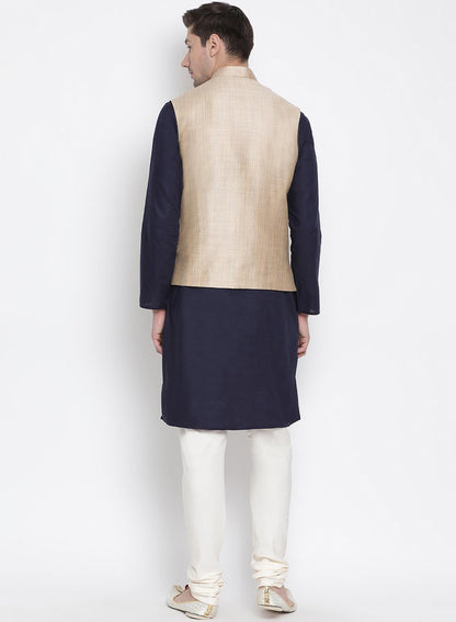 Men's Dark Blue Cotton Blend Kurta, Ethnic Jacket and Pyjama Set