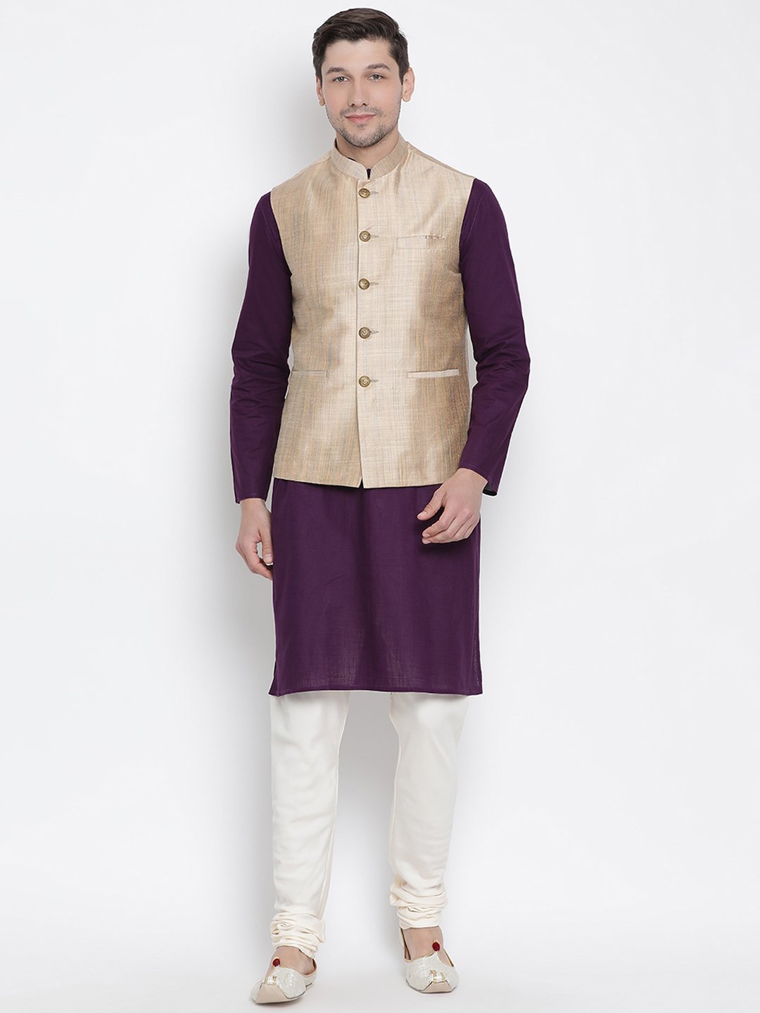 Men's Purple Cotton Blend Kurta, Ethnic Jacket and Pyjama Set