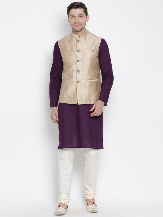 Men's Purple Cotton Blend Kurta, Ethnic Jacket and Pyjama Set