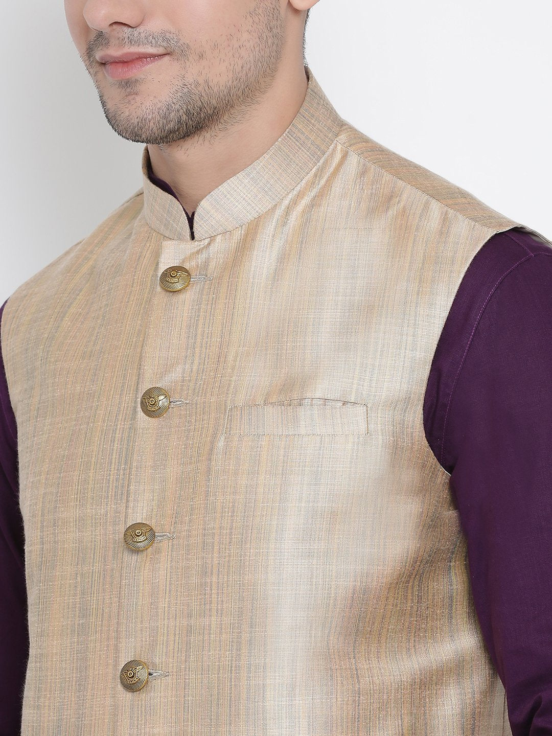 Men's Purple Cotton Blend Kurta, Ethnic Jacket and Pyjama Set