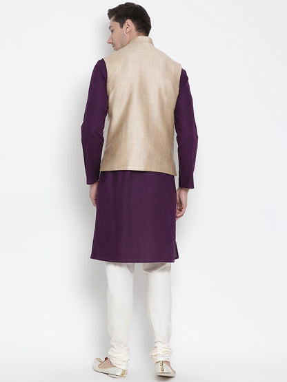 Men's Purple Cotton Blend Kurta, Ethnic Jacket and Pyjama Set