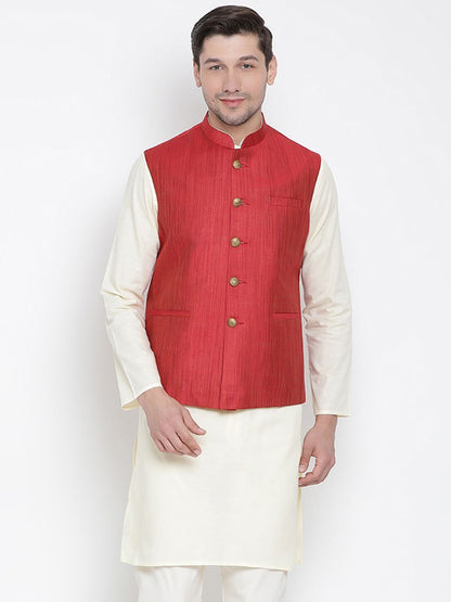 Men's Maroon Cotton Blend Ethnic Jacket