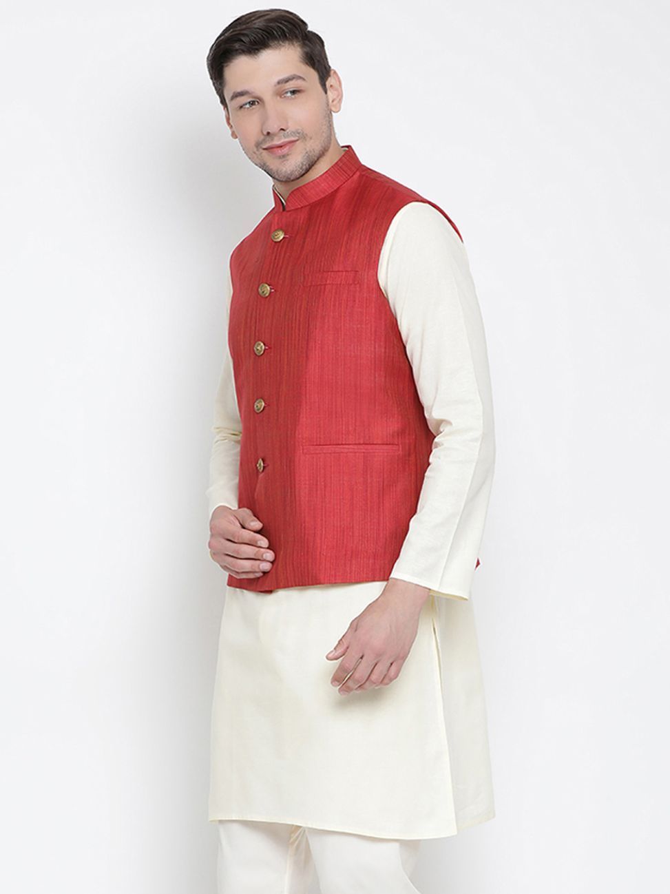 Men's Maroon Cotton Blend Ethnic Jacket