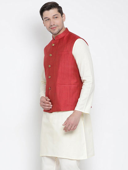 Men's Maroon Cotton Blend Ethnic Jacket