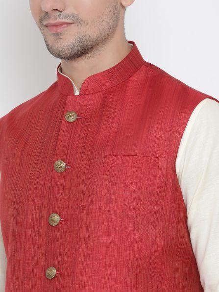 Men's Maroon Cotton Blend Ethnic Jacket