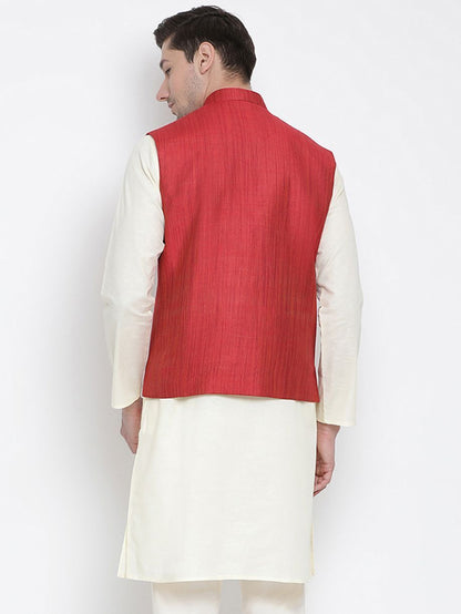 Men's Maroon Cotton Blend Ethnic Jacket