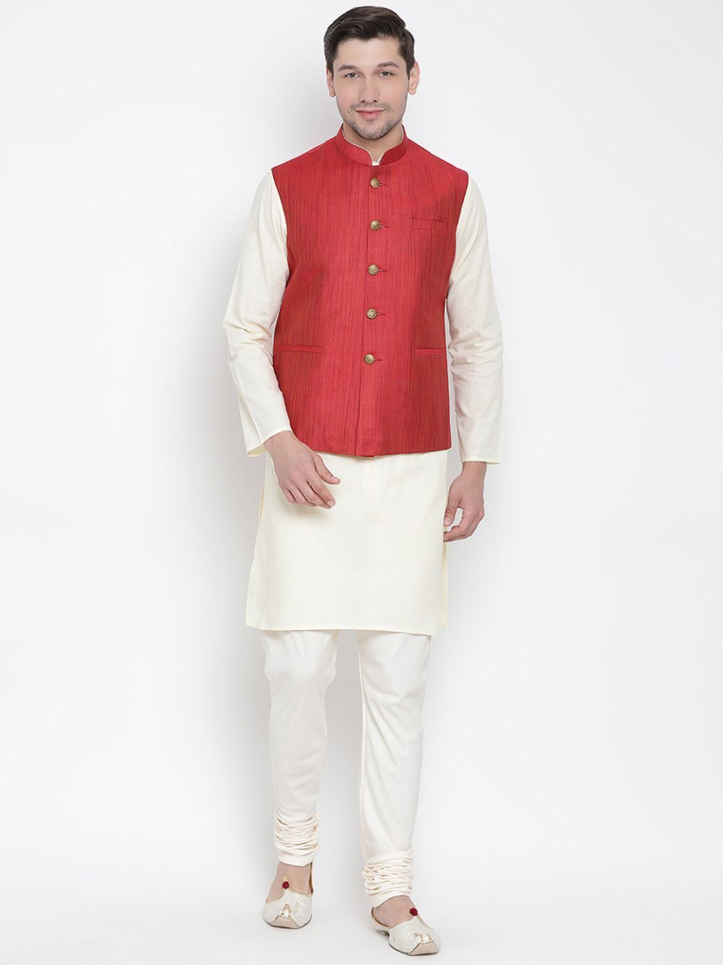 Men's Maroon Cotton Blend Ethnic Jacket