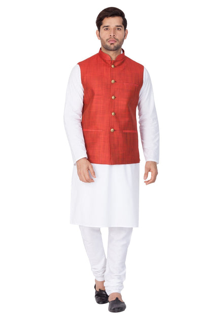 Men's White Cotton Blend Kurta, Ethnic Jacket and Pyjama Set