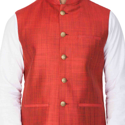 Men's White Cotton Blend Kurta, Ethnic Jacket and Pyjama Set