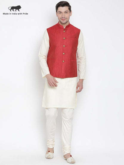 Men's Beige Cotton Blend Kurta, Ethnic Jacket and Pyjama Set