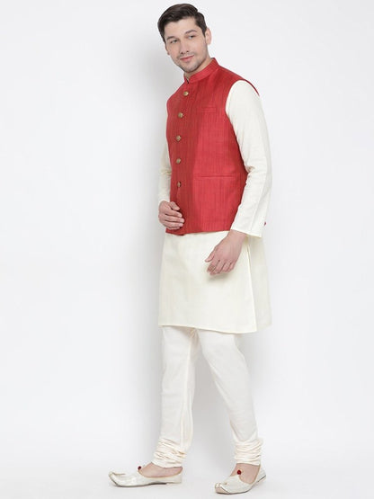 Men's Beige Cotton Blend Kurta, Ethnic Jacket and Pyjama Set