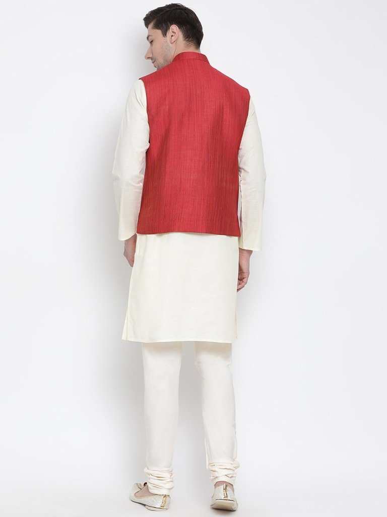 Men's Beige Cotton Blend Kurta, Ethnic Jacket and Pyjama Set
