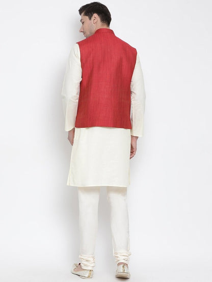 Men's Beige Cotton Blend Kurta, Ethnic Jacket and Pyjama Set