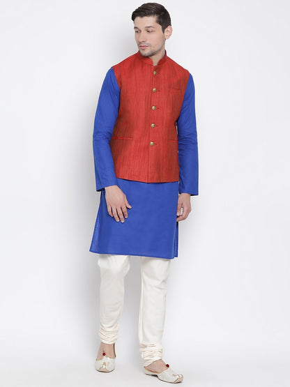 Men's Blue Cotton Blend Kurta, Ethnic Jacket and Pyjama Set