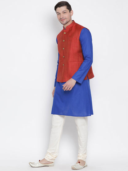 Men's Blue Cotton Blend Kurta, Ethnic Jacket and Pyjama Set