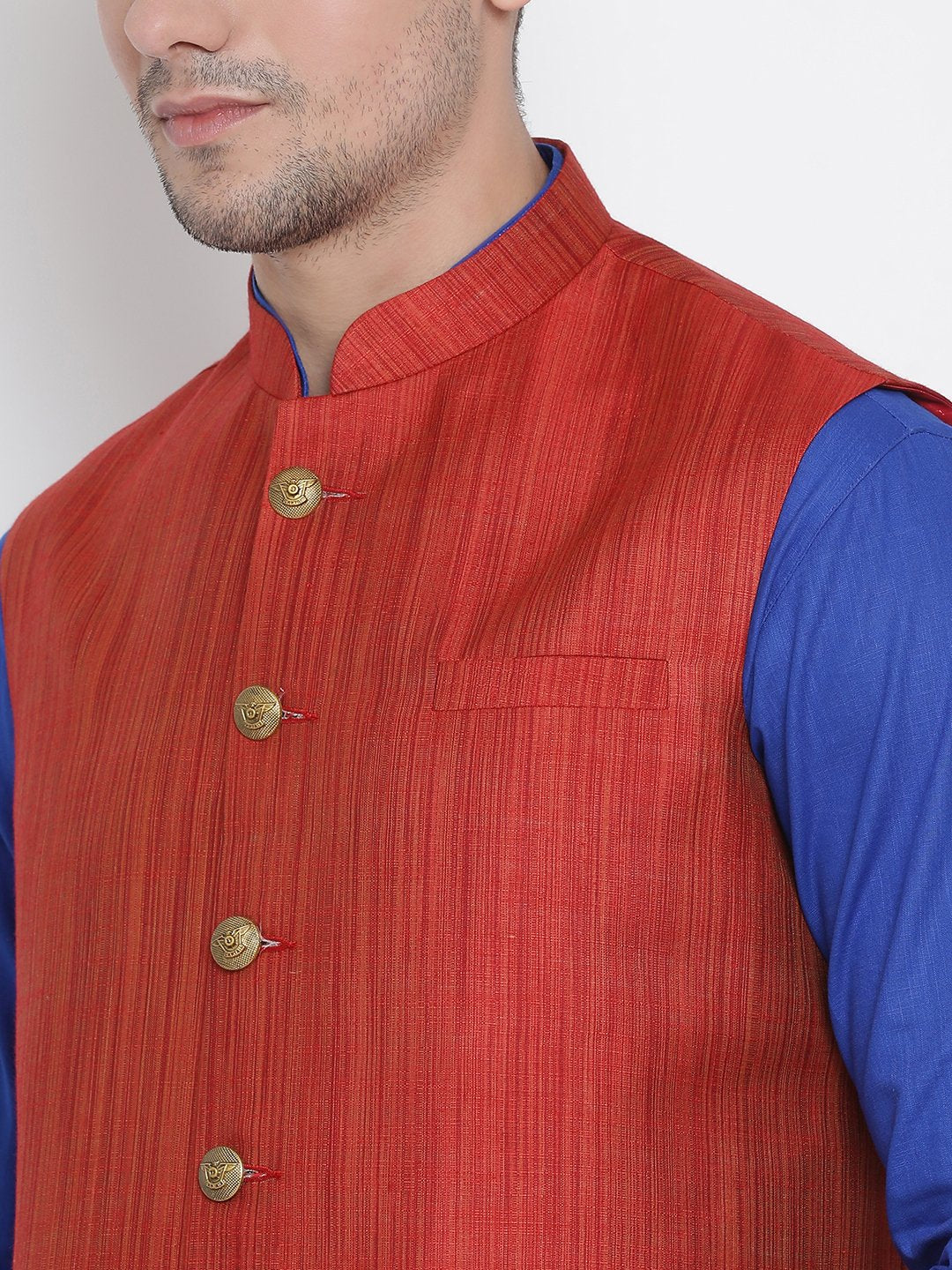 Men's Blue Cotton Blend Kurta, Ethnic Jacket and Pyjama Set