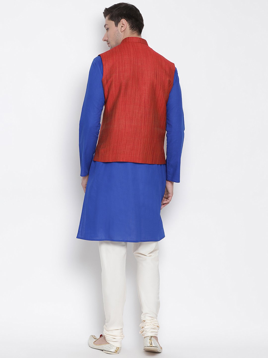 Men's Blue Cotton Blend Kurta, Ethnic Jacket and Pyjama Set
