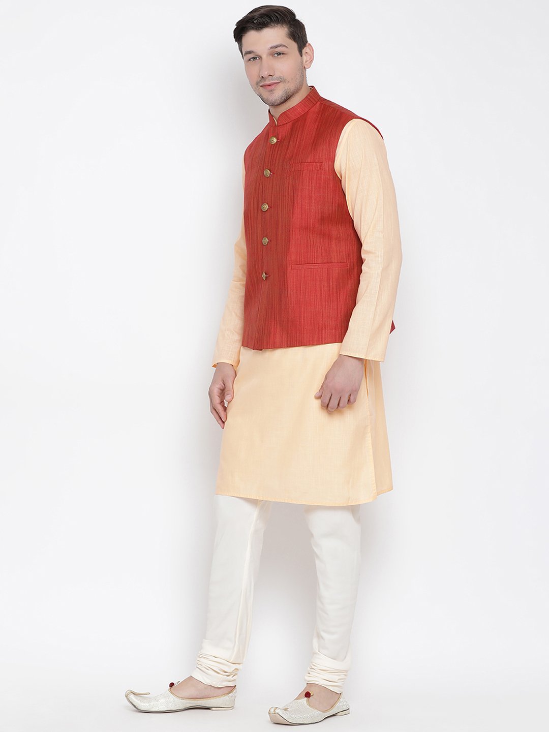 Men's Orange Cotton Blend Kurta, Ethnic Jacket and Pyjama Set