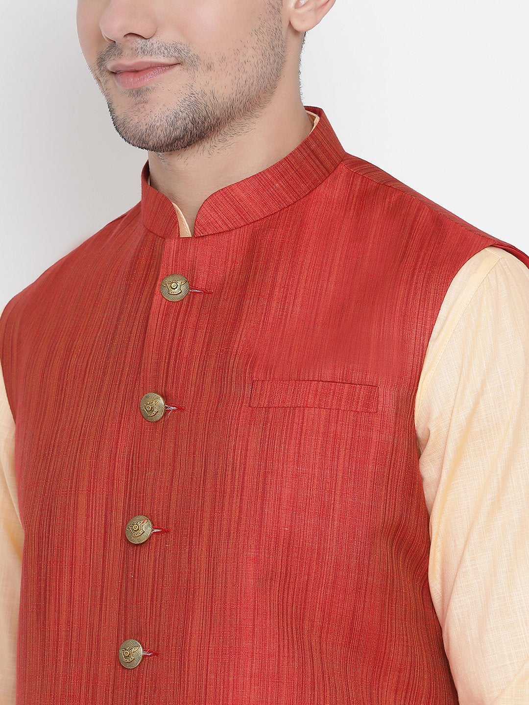 Men's Orange Cotton Blend Kurta, Ethnic Jacket and Pyjama Set