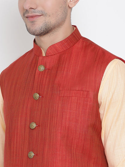Men's Orange Cotton Blend Kurta, Ethnic Jacket and Pyjama Set