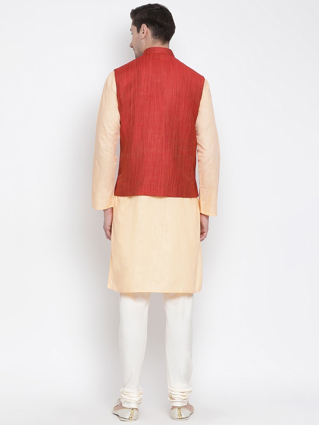 Men's Orange Cotton Blend Kurta, Ethnic Jacket and Pyjama Set