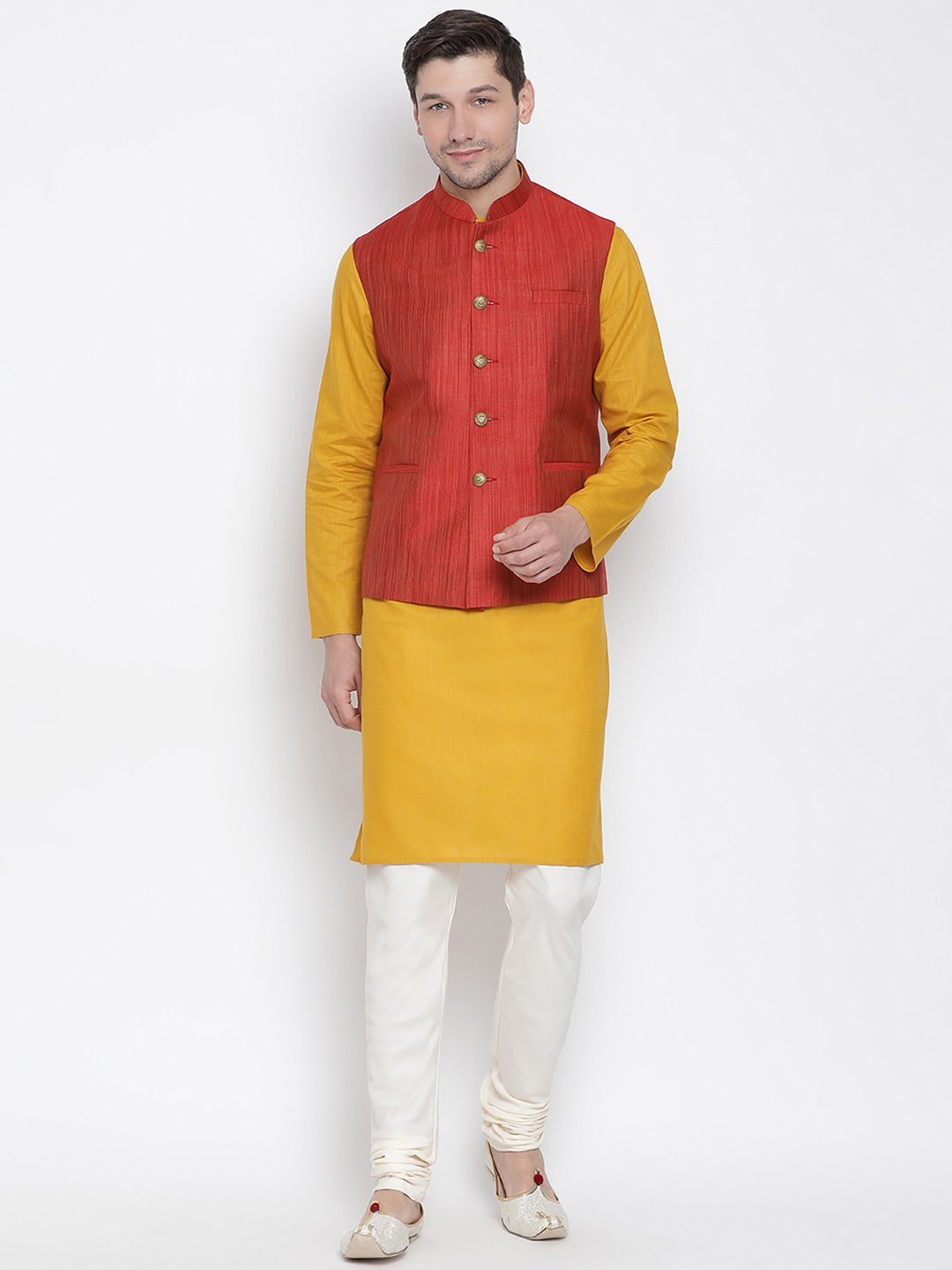 Men's Yellow Cotton Blend Kurta, Ethnic Jacket and Pyjama Set
