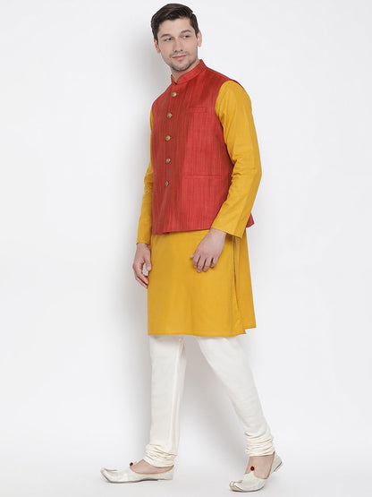 Men's Yellow Cotton Blend Kurta, Ethnic Jacket and Pyjama Set