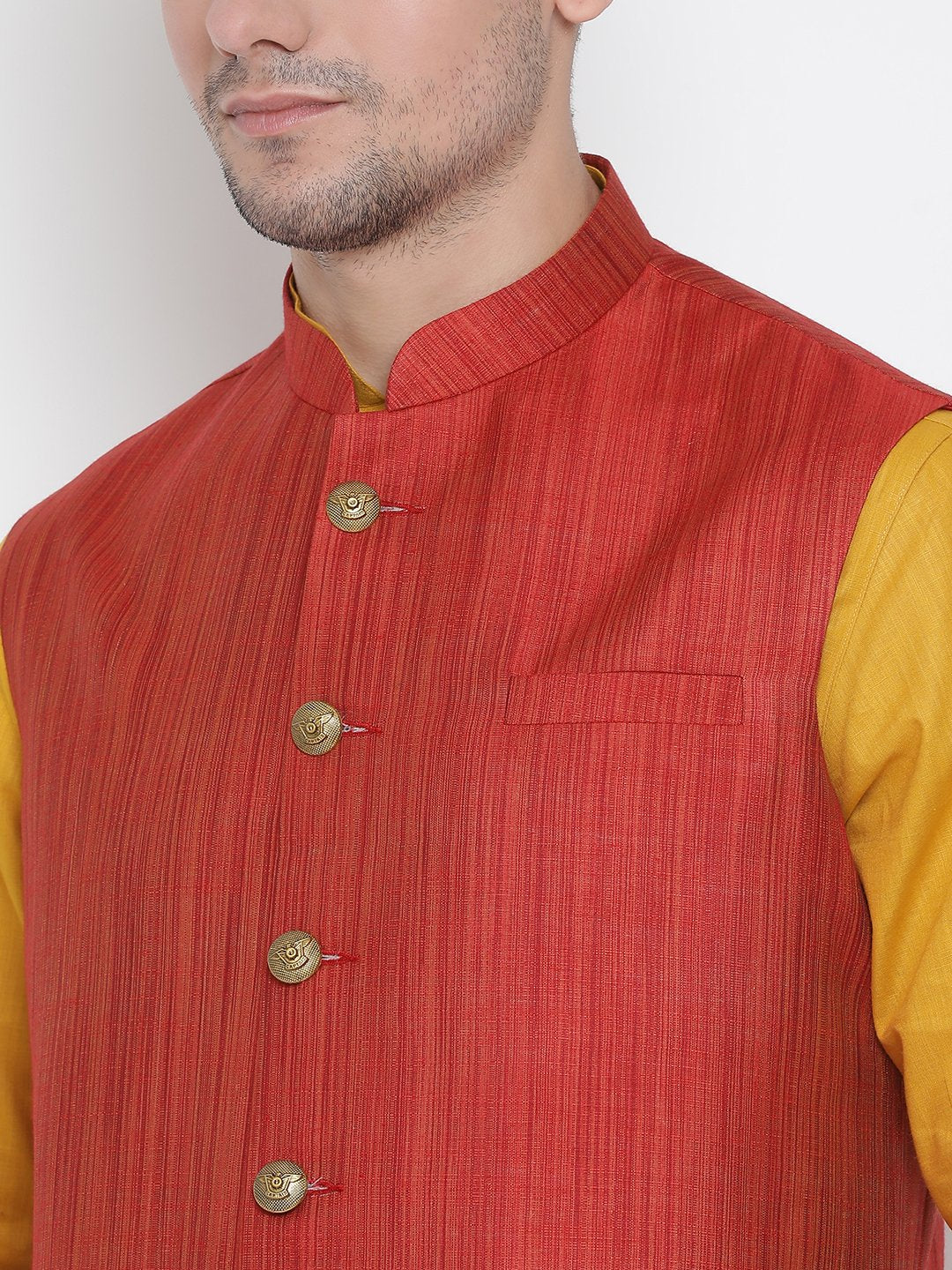 Men's Yellow Cotton Blend Kurta, Ethnic Jacket and Pyjama Set