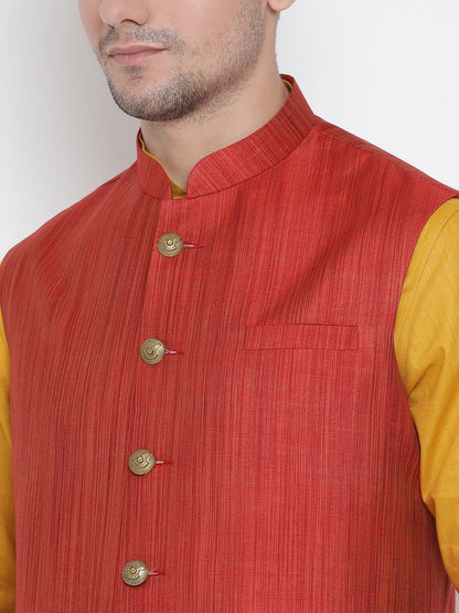 Men's Yellow Cotton Blend Kurta, Ethnic Jacket and Pyjama Set