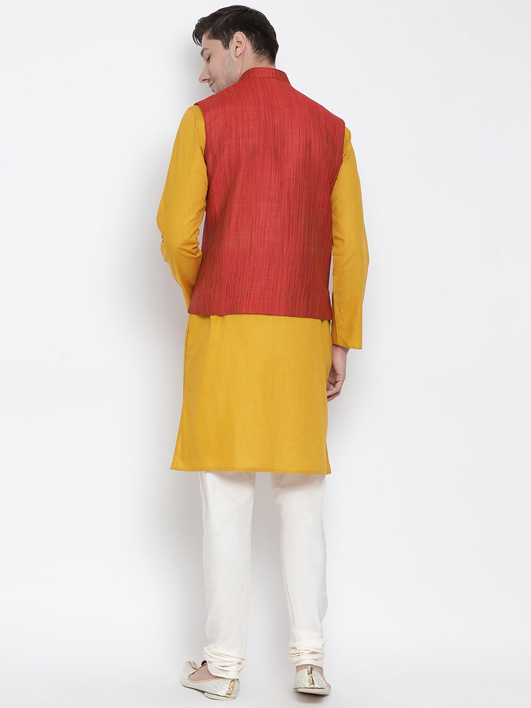 Men's Yellow Cotton Blend Kurta, Ethnic Jacket and Pyjama Set