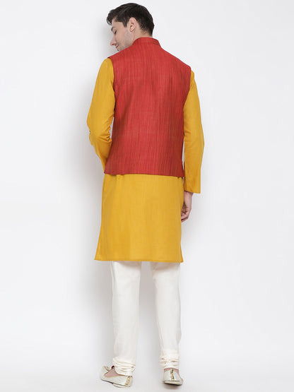 Men's Yellow Cotton Blend Kurta, Ethnic Jacket and Pyjama Set