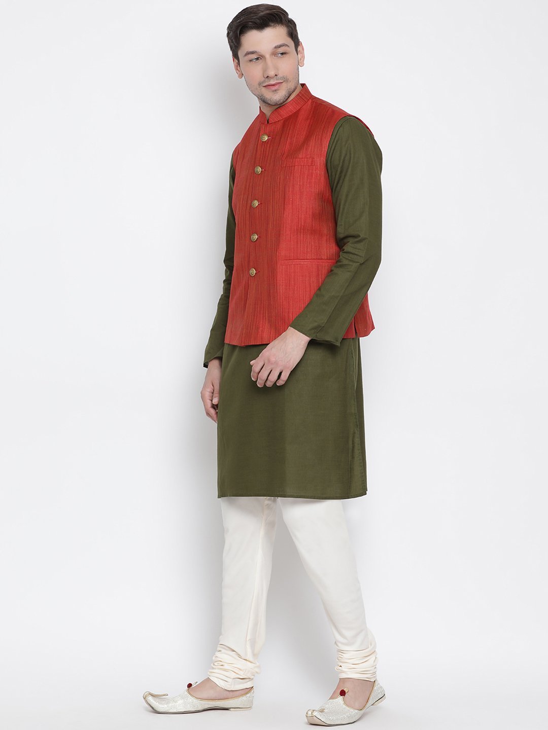 Men's Green Cotton Blend Kurta, Ethnic Jacket and Pyjama Set