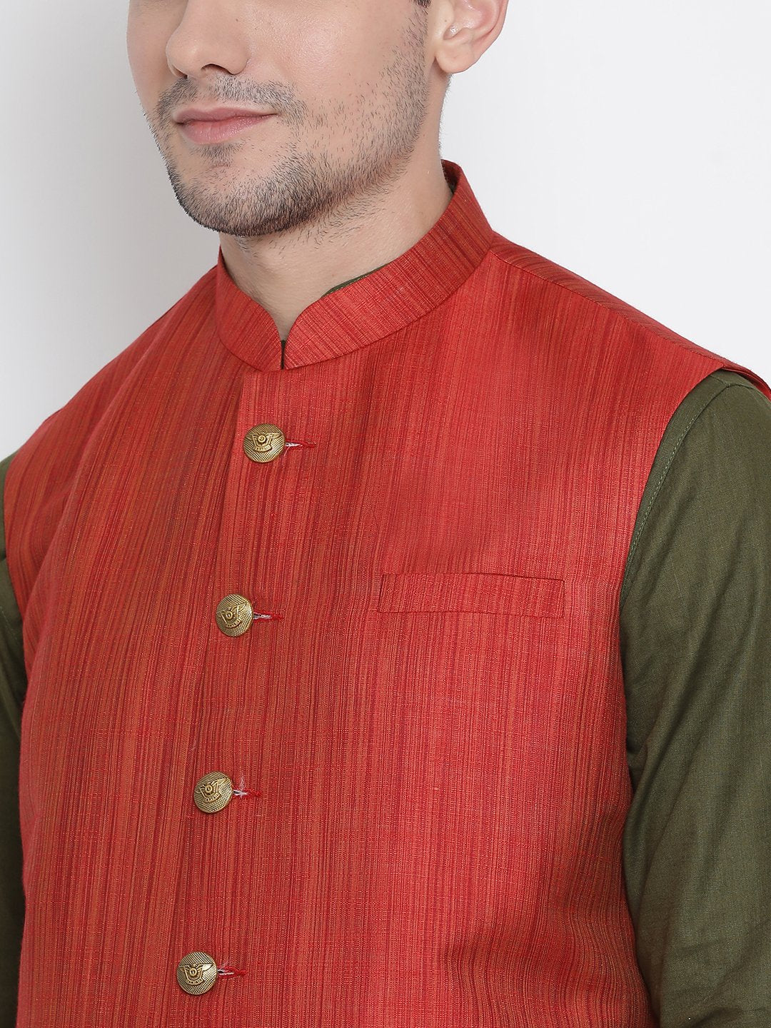 Men's Green Cotton Blend Kurta, Ethnic Jacket and Pyjama Set