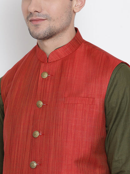 Men's Green Cotton Blend Kurta, Ethnic Jacket and Pyjama Set